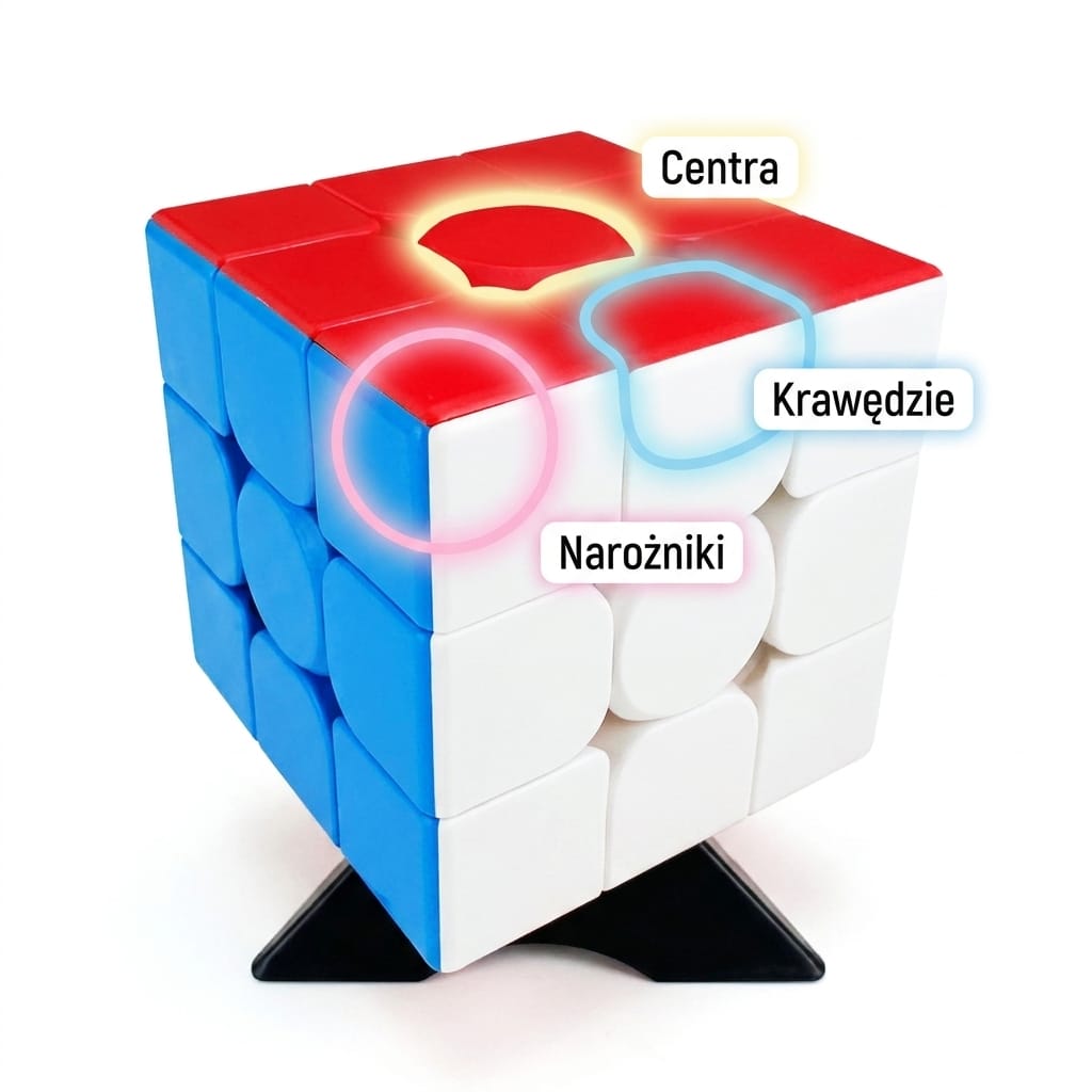 Anatomia kostki logicznej 3x3 — centra, krawędzie i narożniki oznaczone na kostce MoYu