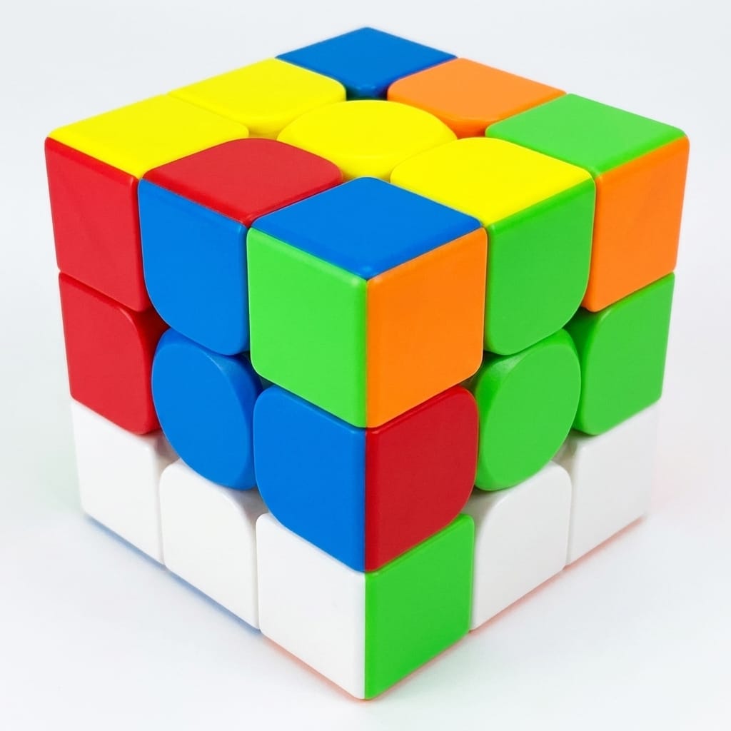 Krok 3 układania kostki 3x3 — pierwsze dwie warstwy ułożone na kostce MoYu