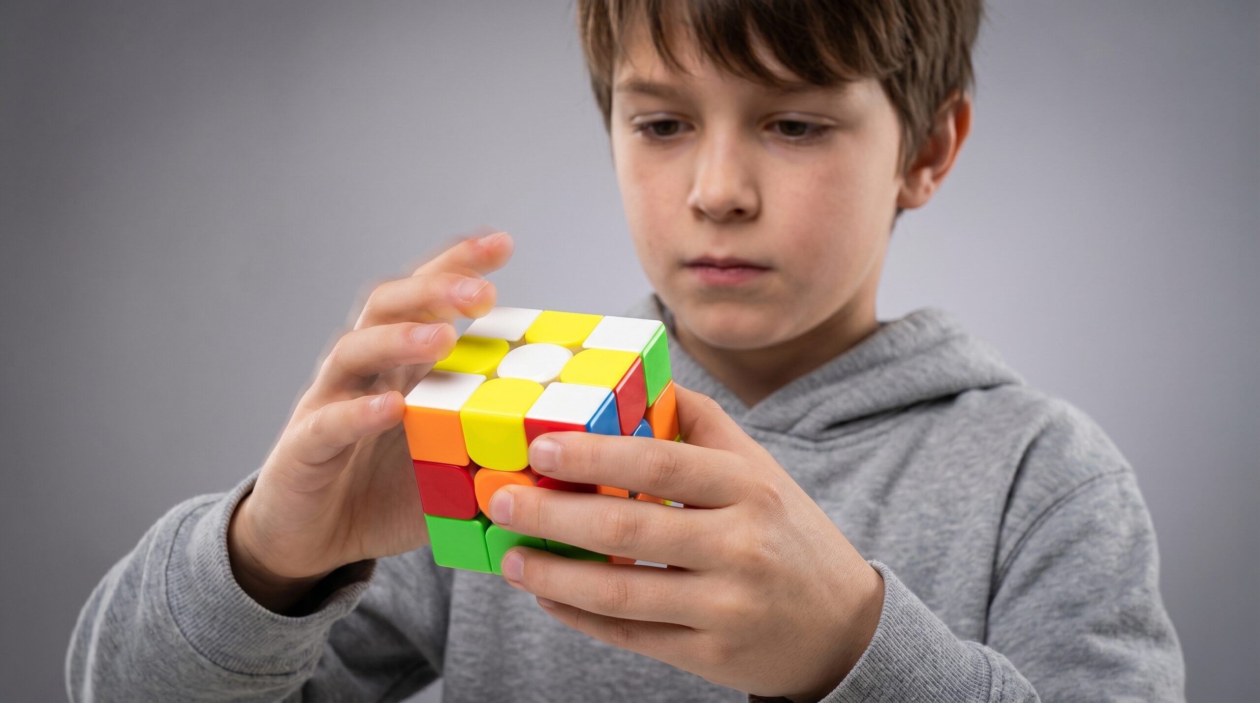 Teodor Zajder, 9-letni speedcuber z Gdańska, trzyma magnetyczną kostkę logiczną 3x3 MoYu — polska scena speedcubingu