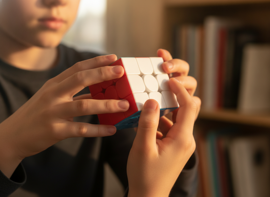 Dziecko trzyma kostkę logiczną 3x3 MoYu podczas układania