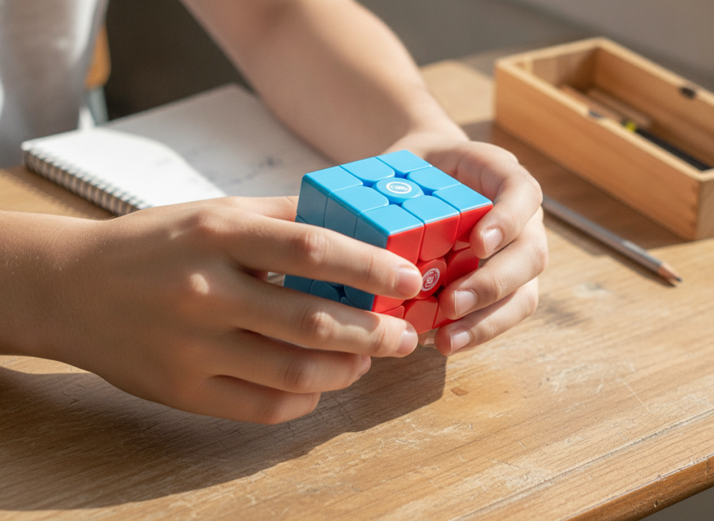 Nastolatek układa kostkę logiczną 3x3 MoYu przy biurku szkolnym