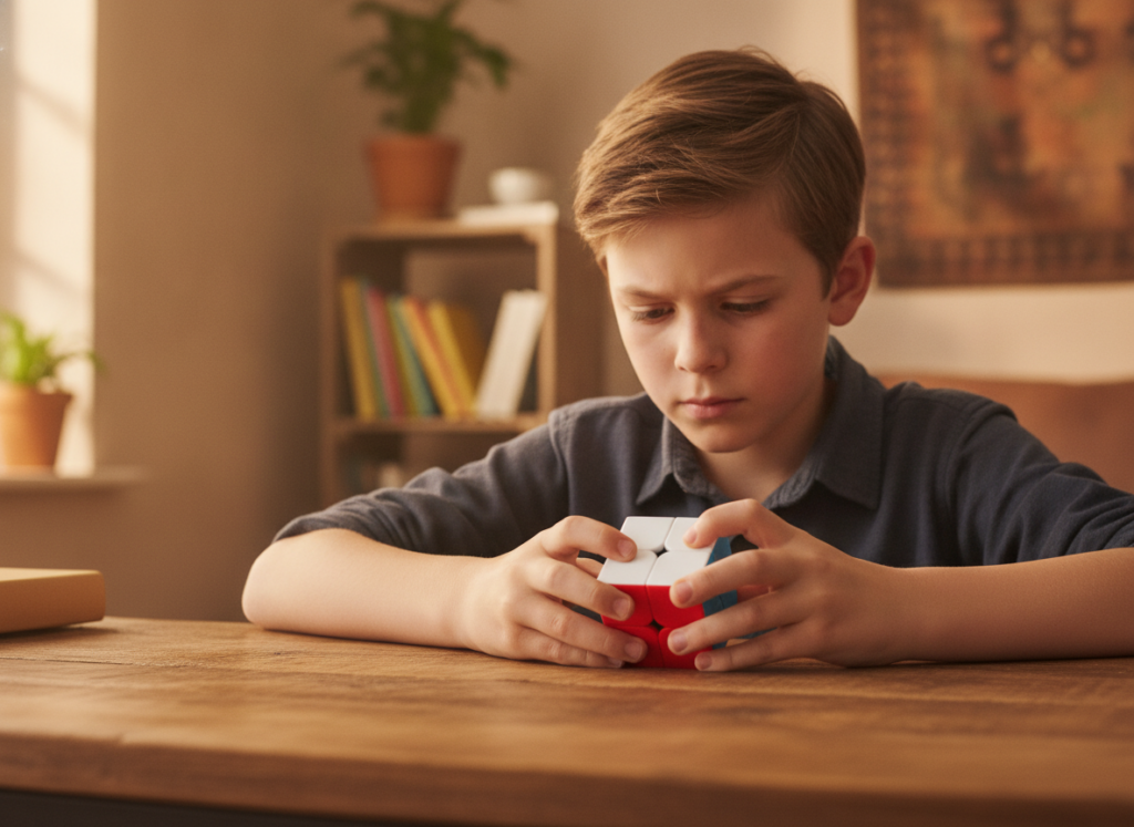 Dziecko układające kostkę logiczną 2x2x2 MoYu — nauka speedcubingu w domu