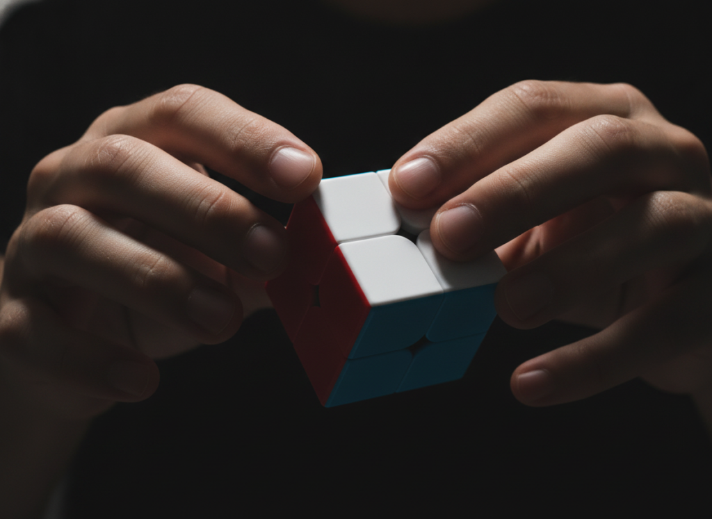 Dłonie wykonujące szybki algorytm na kostce MoYu 2x2x2 — speedcubing