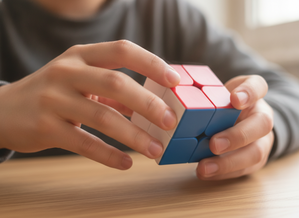 Młody speedcuber układający magnetyczną kostkę logiczną 2x2x2 MoYu — chwyt podczas obrotu warstwy