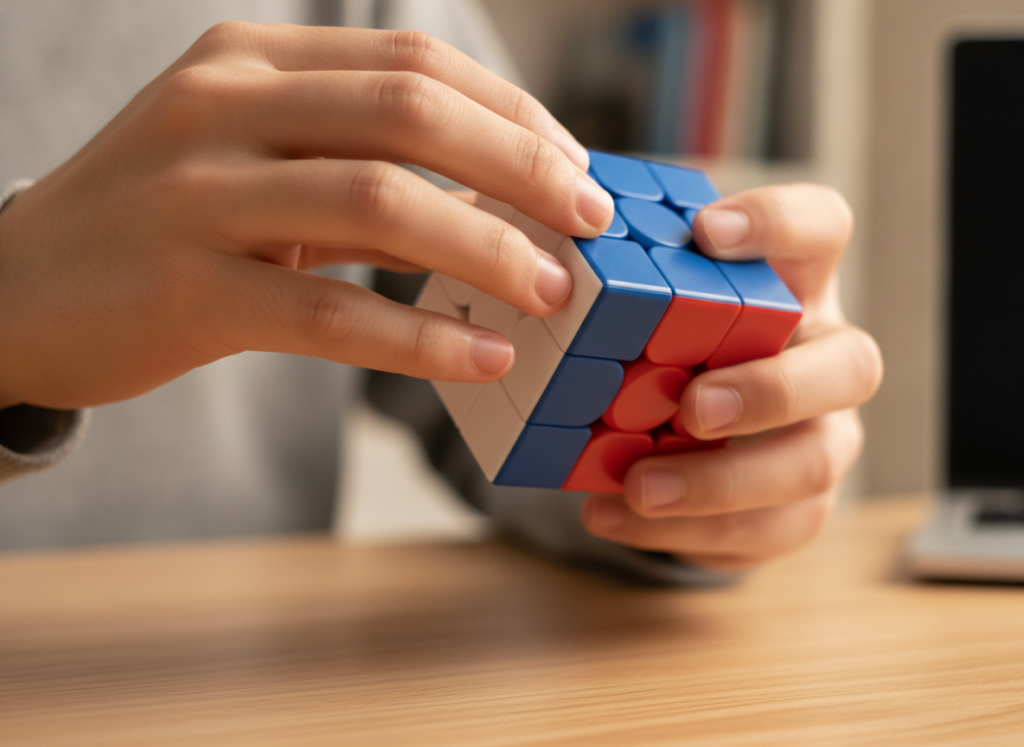 Nastolatek trzyma magnetyczną kostkę logiczną 3x3x3 MoYu podczas układania