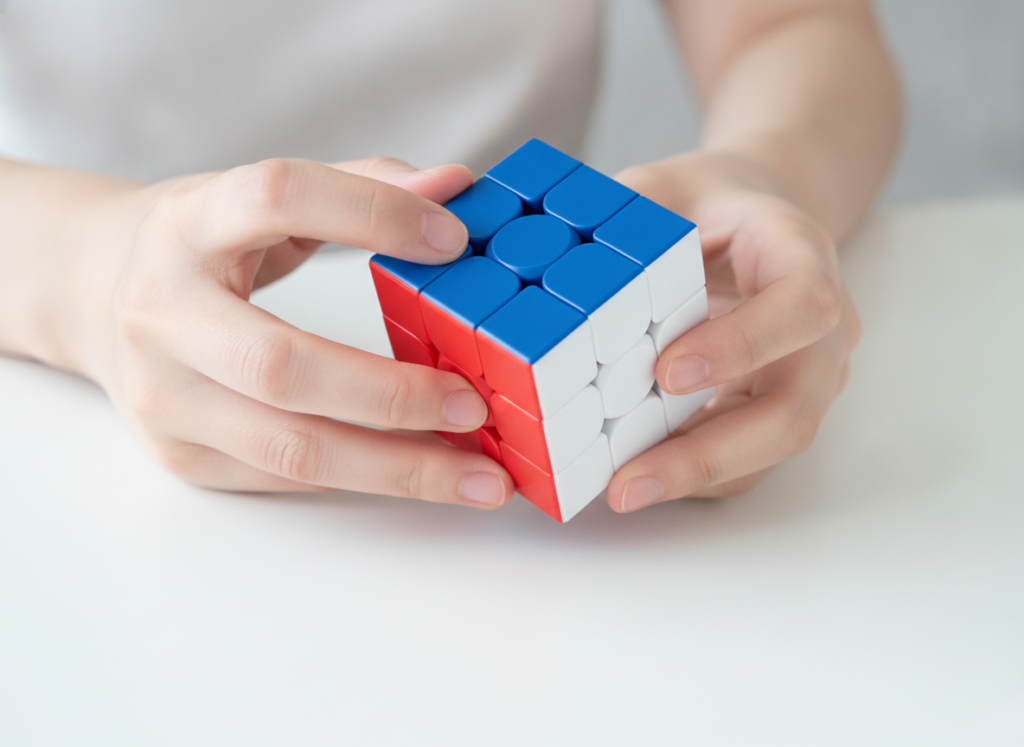 Dłonie dorosłego trzymające magnetyczną kostkę logiczną 3x3x3 MoYu podczas obrotu