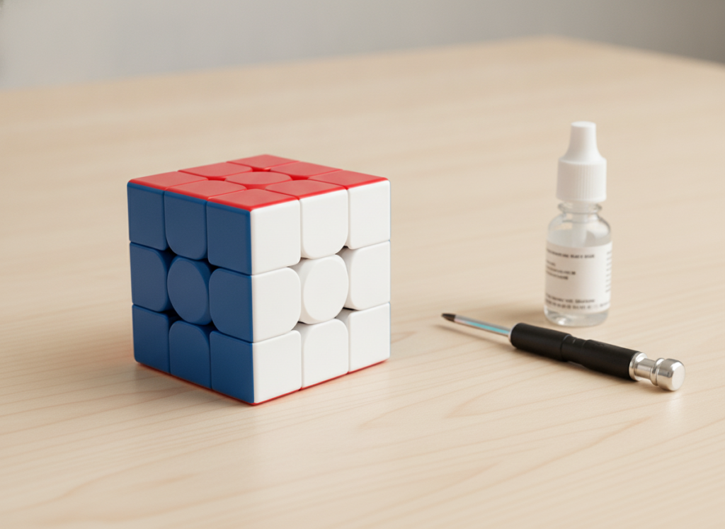 Magnetyczna kostka logiczna 3x3x3 MoYu ułożona na biurku obok śrubokrętu i lubrykantu