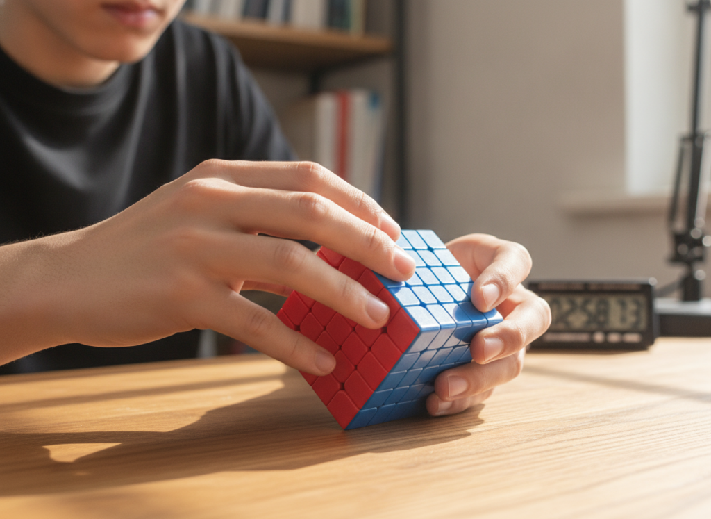 Nastolatek układa magnetyczną kostkę logiczną 5x5x5 MoYu — chwyt i obrót warstwy