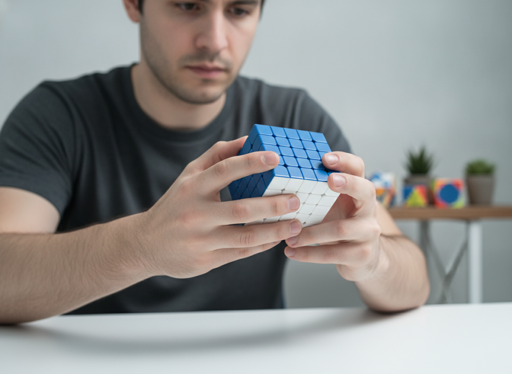 Dorosły pasjonat speedcubingu analizuje ułożenie magnetycznej kostki 5x5x5 MoYu
