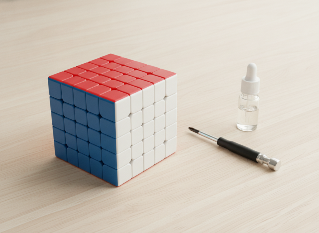Magnetyczna kostka logiczna 5x5x5 MoYu na biurku obok śrubokręta i lubrykantu