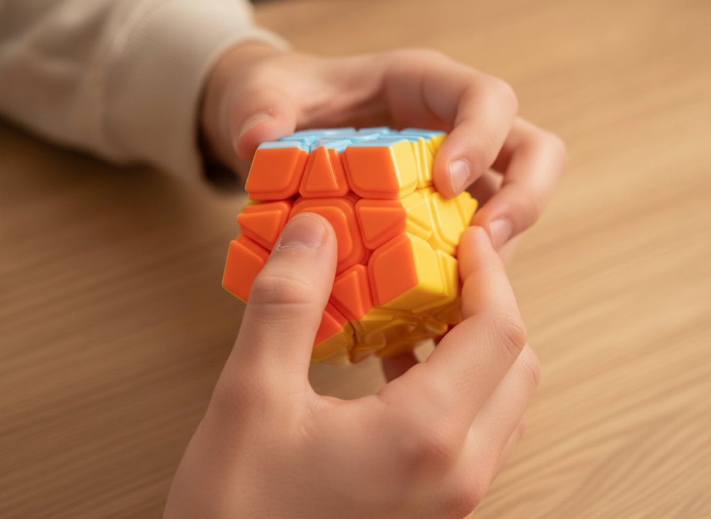 Nastolatkek trzyma Kostkę logiczną Megaminx MoYu podczas układania