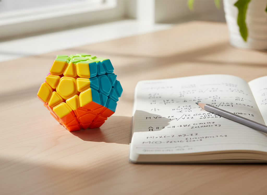 Kostka logiczna Megaminx MoYu na biurku obok notatek z algorytmami