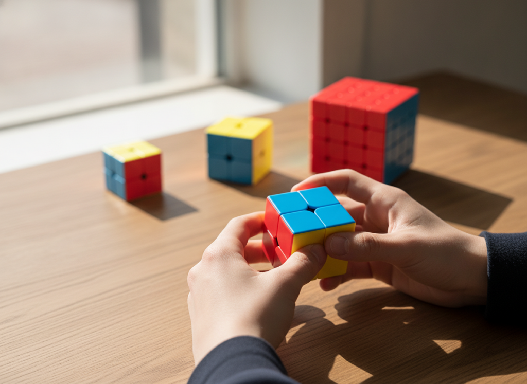 Nastolatek układający kostkę 3x3 MoYu z zestawu 2x2 3x3 4x4 5x5