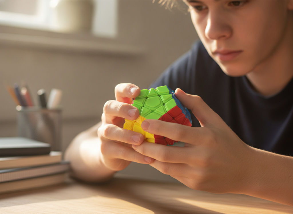 Nastolatek układa MoYu Megaminx – zestaw Megaminx i Mirror Gold