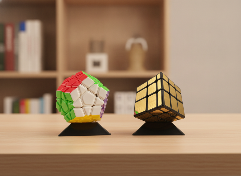 Zestaw MoYu Megaminx i Mirror Gold na podstawkach – ekspozycja kolekcjonerska