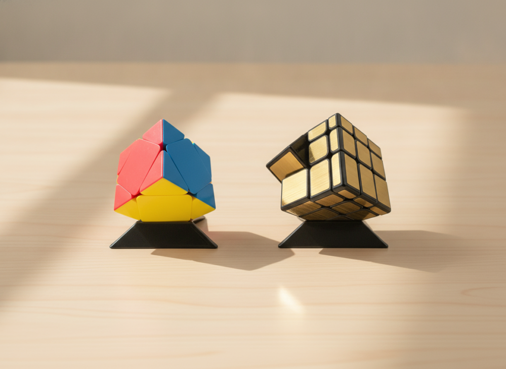 Zestaw MoYu — Skewb i Mirror Gold na podstawkach, elegancka prezentacja na biurku