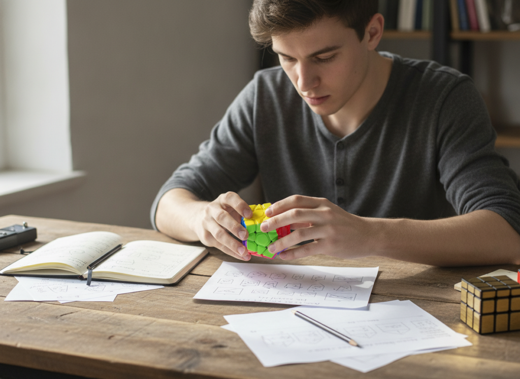 Speedcuber rozwiązuje MoYu Megaminx przy biurku
