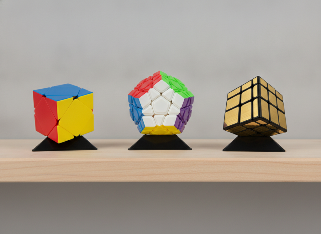 Trzy kostki MoYu — Mirror Gold, Skewb i Megaminx — na podstawkach na półce