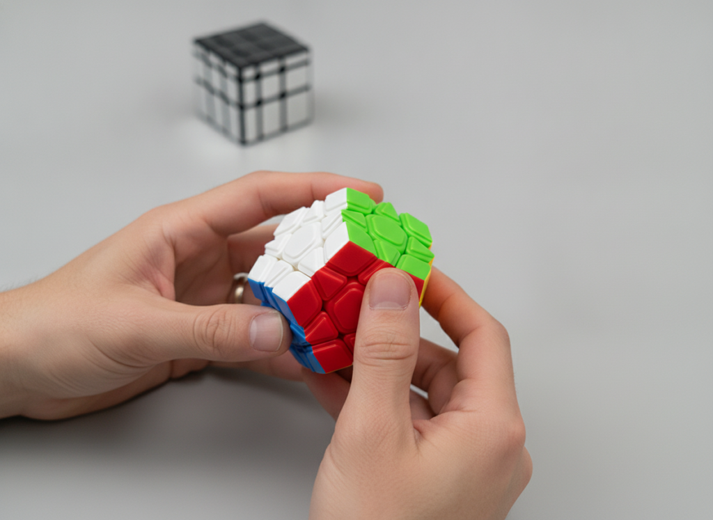 Dłonie trzymające kostkę Megaminx MoYu z zestawu Mirror Skewb Megaminx