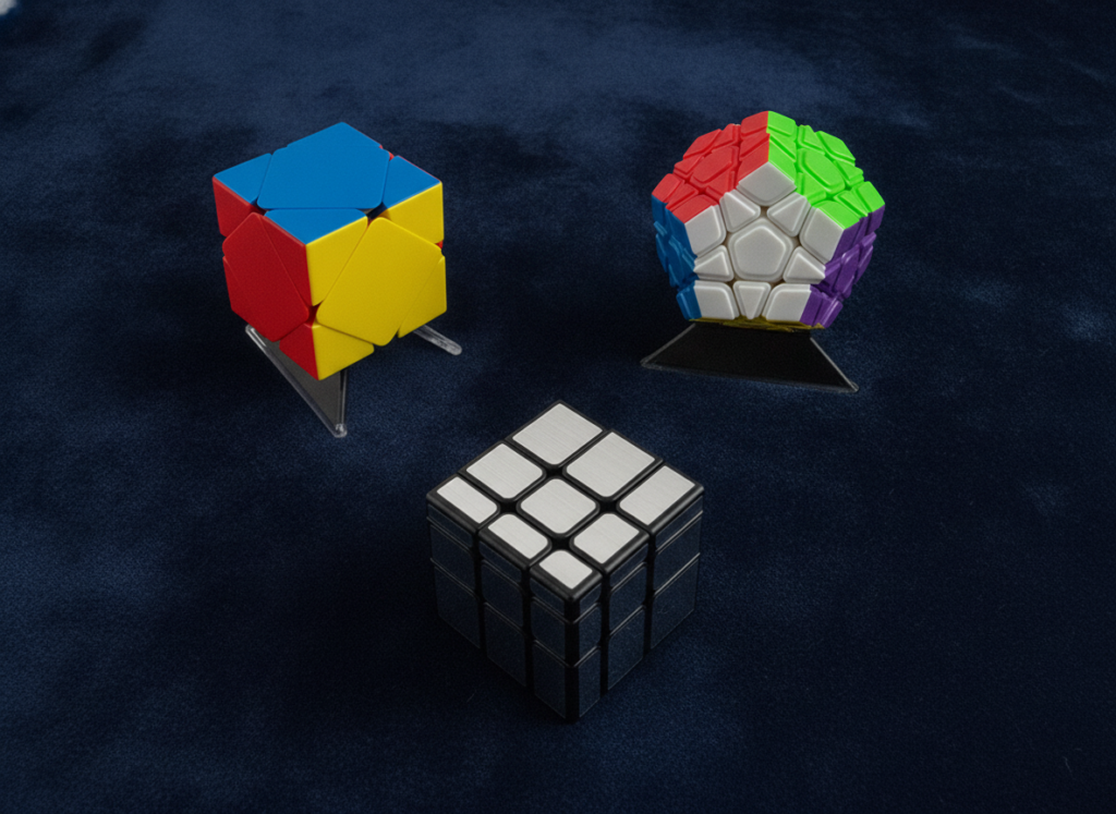 Zestaw trzech kostek logicznych MoYu — Mirror, Skewb i Megaminx na podstawkach
