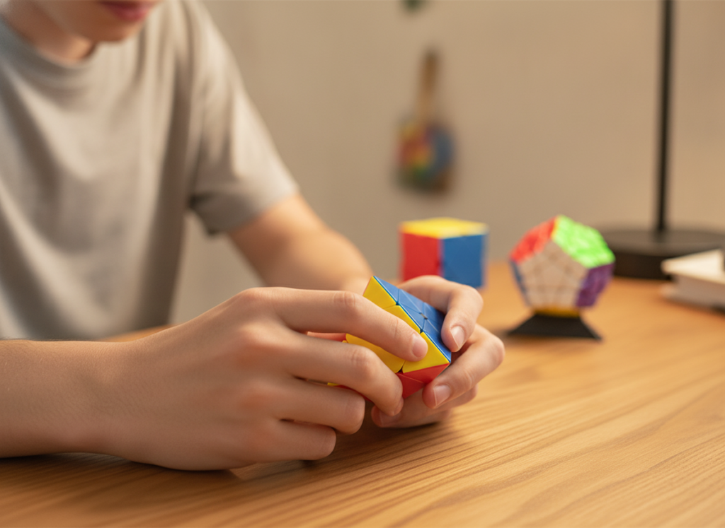 Nastolatek układa Pyraminx MoYu ze Skewbem i Megaminxem na biurku