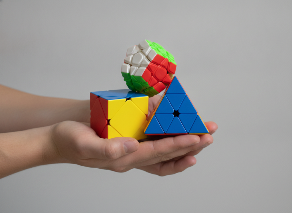 Dłonie trzymające zestaw MoYu – Pyraminx, Skewb i Megaminx razem