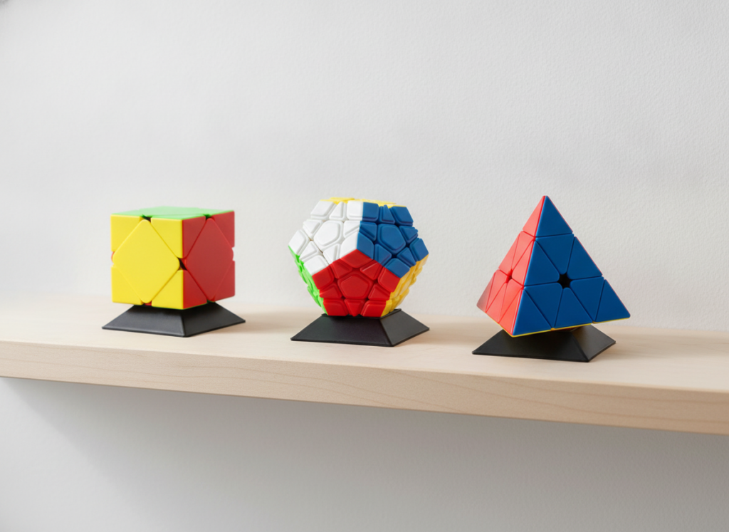 Zestaw MoYu Pyraminx Skewb Megaminx na podstawkach na półce