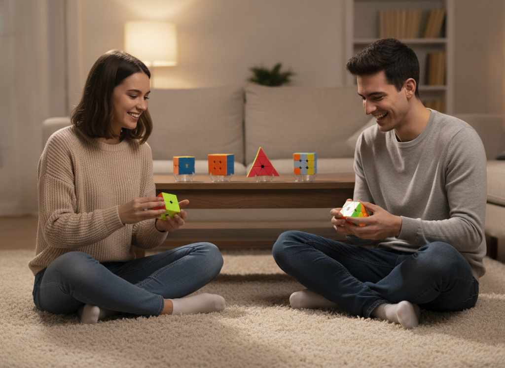 Dwoje młodych ludzi rywalizuje układając Megaminx i Pyraminx z zestawu MoYu 7w1