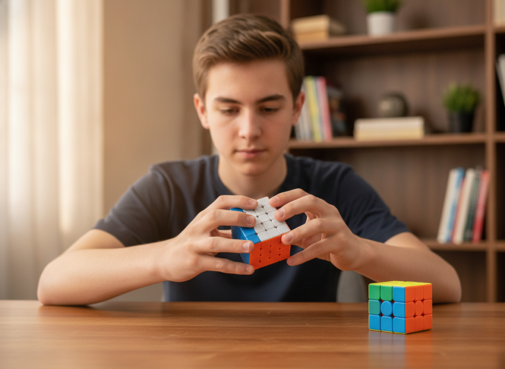 Młody speedcuber układający kostkę MoYu 4x4 przy biurku, obok kostka 5x5
