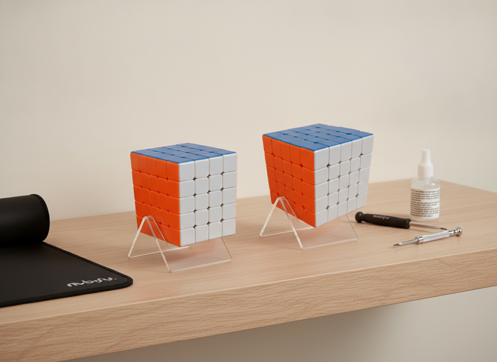Zestaw kostek MoYu 4x4 i 5x5 na podstawkach ekspozycyjnych Cubify na półce