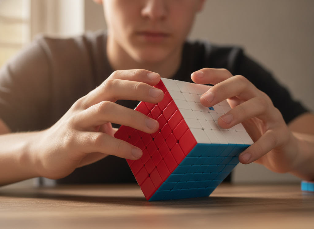 Nastolatek układa kostkę logiczną MoYu 6x6x6 — dłonie w ruchu