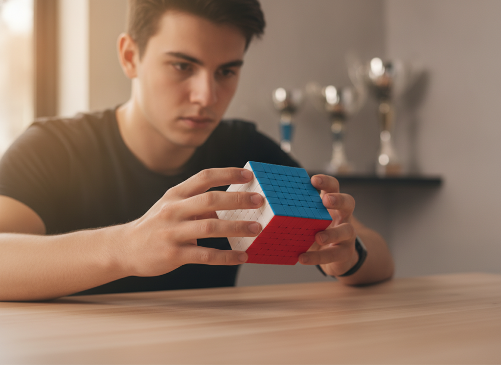 Speedcuber trzymający kostkę MoYu 8x8x8 podczas układania