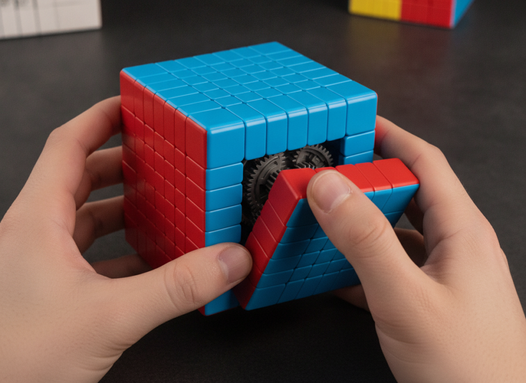Dłonie obracające warstwę kostki MoYu 8x8x8 — zbliżenie