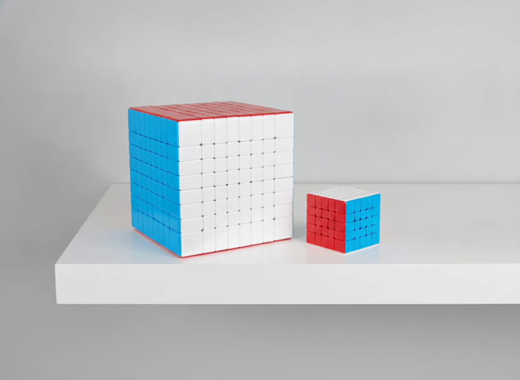 Ułożona kostka MoYu 8x8x8 na półce obok kostki 3x3 — porównanie rozmiarów