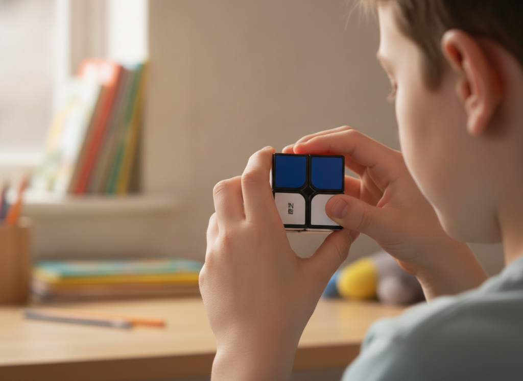 Dziecko trzymające i układające kostkę logiczną QiYi 2x2x2