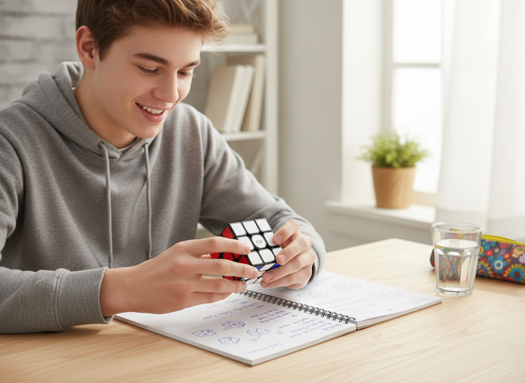 Nastolatek uczy się układać kostkę logiczną QiYi 3x3 przy biurku