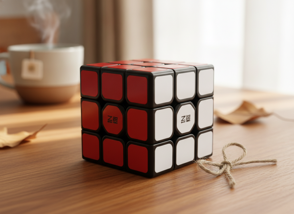 Kostka logiczna QiYi 3x3 jako prezent na drewnianym stole
