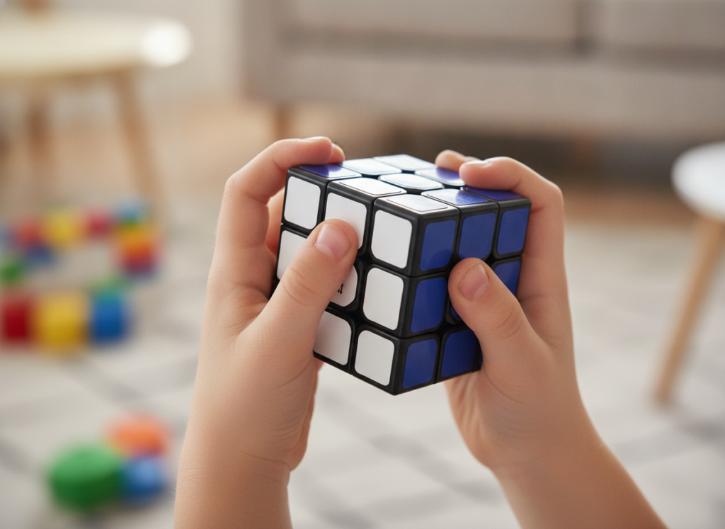 Dłonie dziecka obracające kostkę logiczną QiYi 3x3 podczas nauki