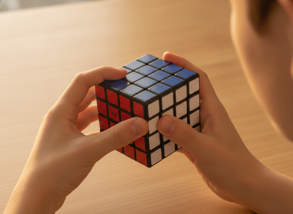 Młody speedcuber układa kostkę logiczną QiYi 4x4 — dłonie w trakcie obrotu warstwy