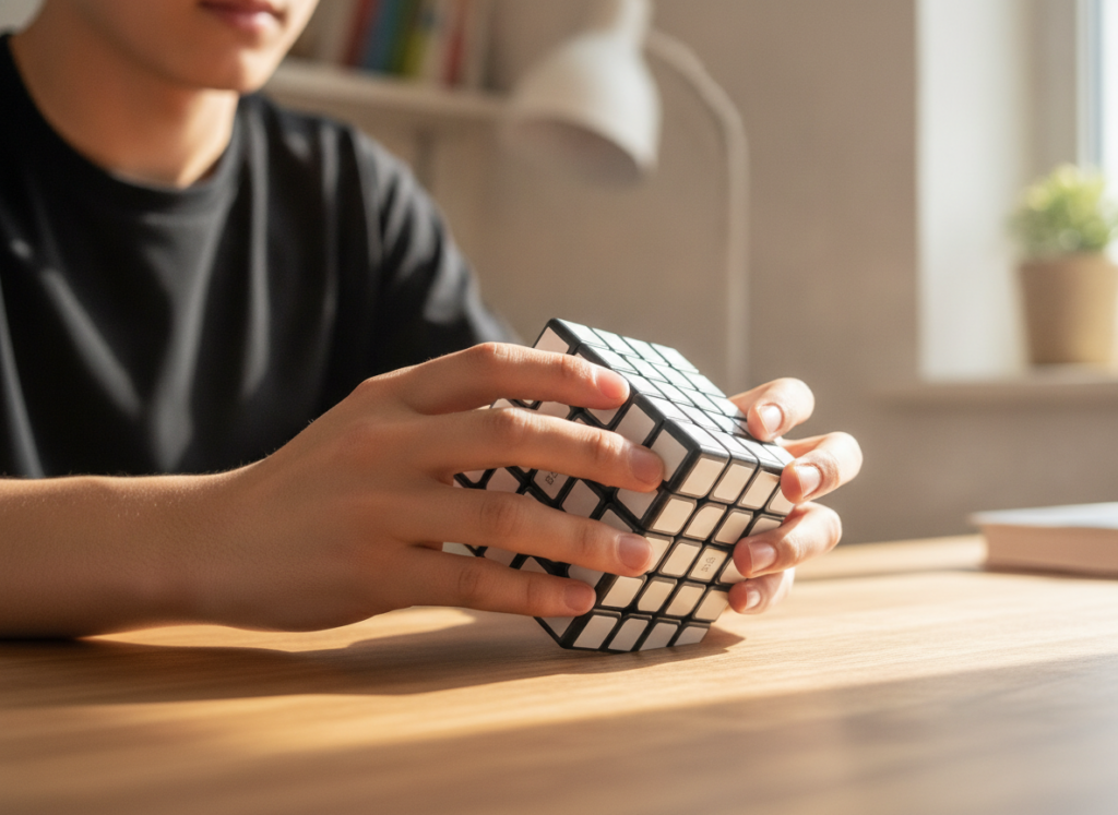 Dłonie układające kostkę logiczną QiYi 5x5x5 przy biurku