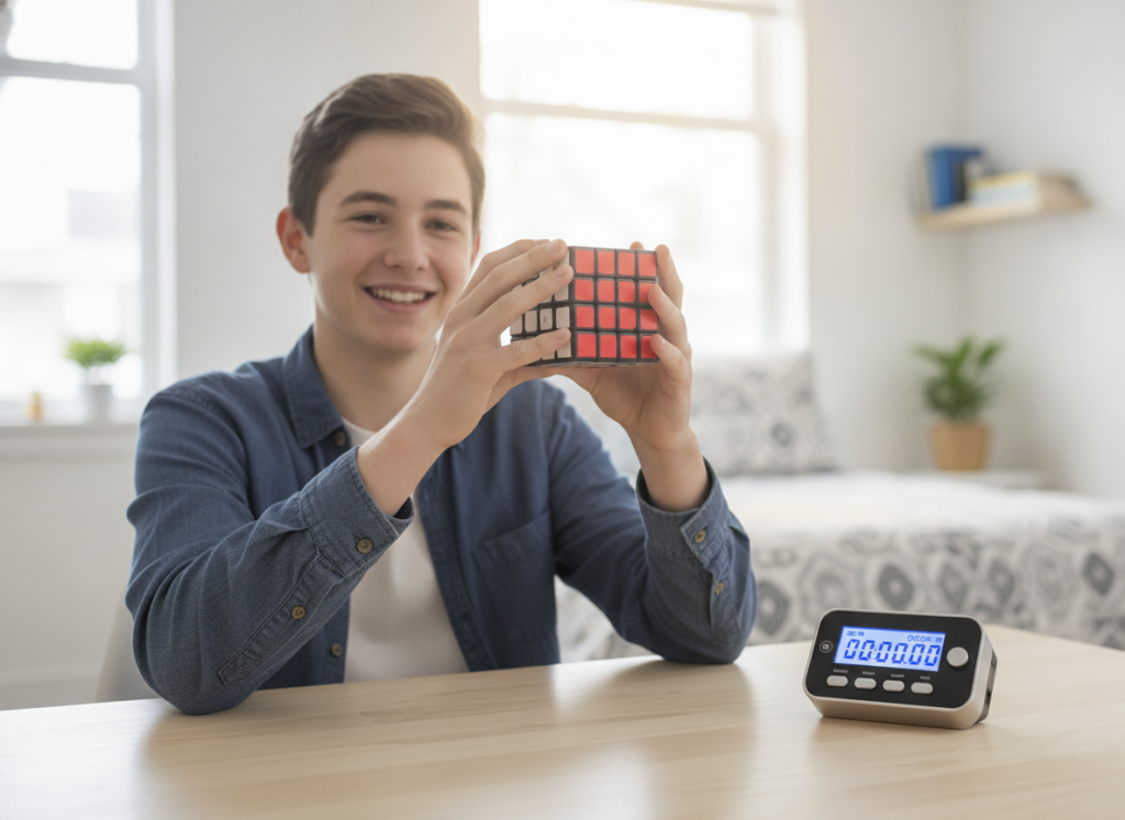 Nastolatek z ułożoną kostką QiYi 5x5x5 i timerem na biurku