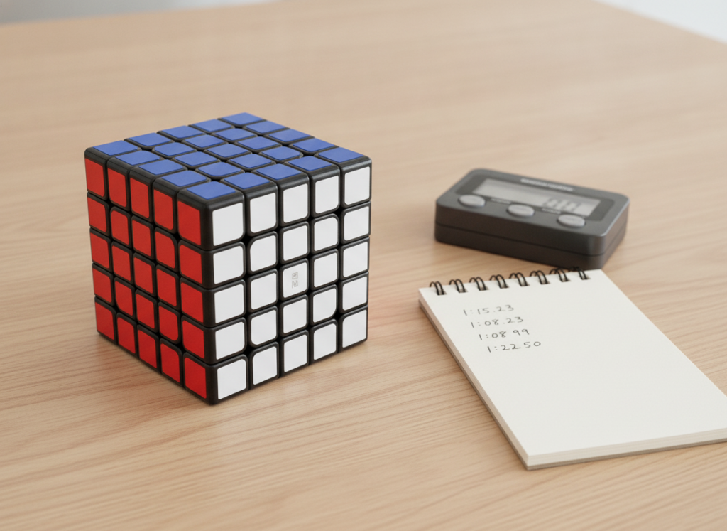 Kostka logiczna QiYi 5x5x5 na biurku obok timera i notatnika
