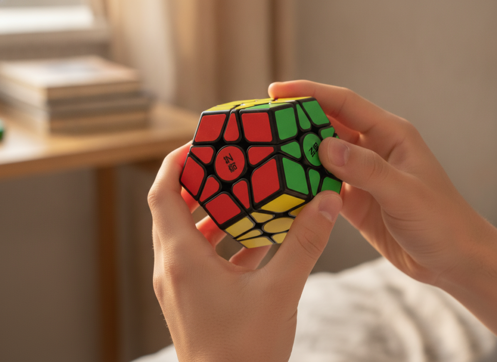 Nastolatek trzyma Megaminx QiYi podczas układania — widok dłoni