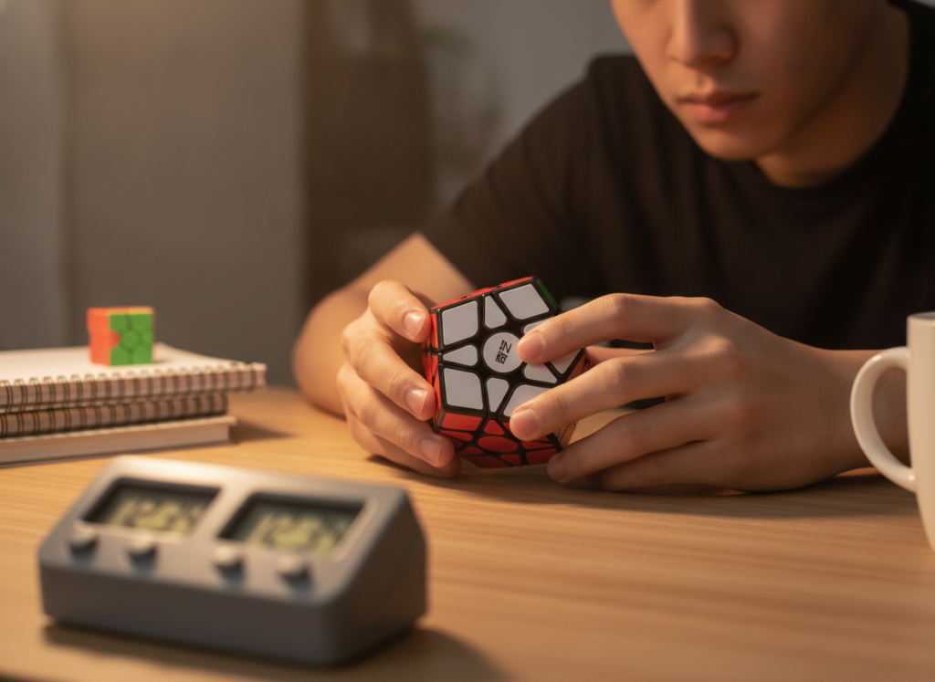Speedcuber układa Megaminx QiYi przy biurku z timerem