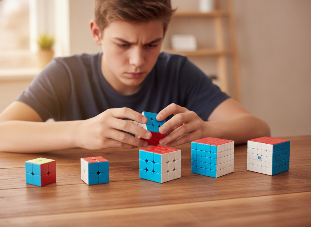 Nastolatek układający kostkę logiczną MoYu 3x3 z zestawu pięciu kostek na biurku