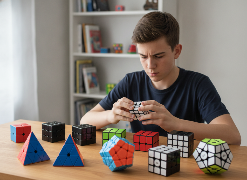 Nastolatek układa kostkę 3x3 z zestawu 12 kostek logicznych MoYu QiYi rozłożonych na biurku