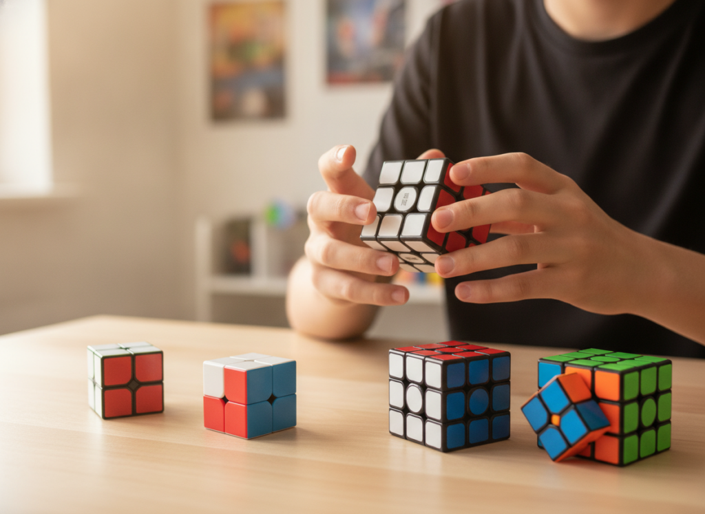 Speedcuber trzymający kostkę 3x3 z zestawu MoYu QiYi – trening w domu
