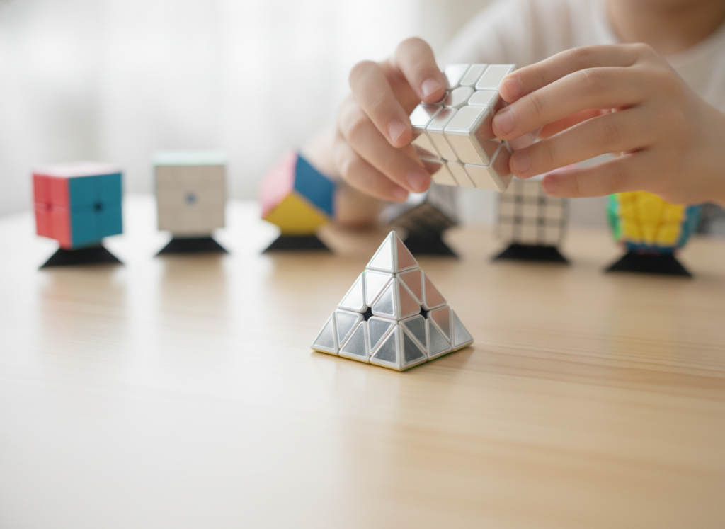 Dłonie dziecka trzymające Mirror Cube MoYu z zestawu dziewięciu kostek logicznych