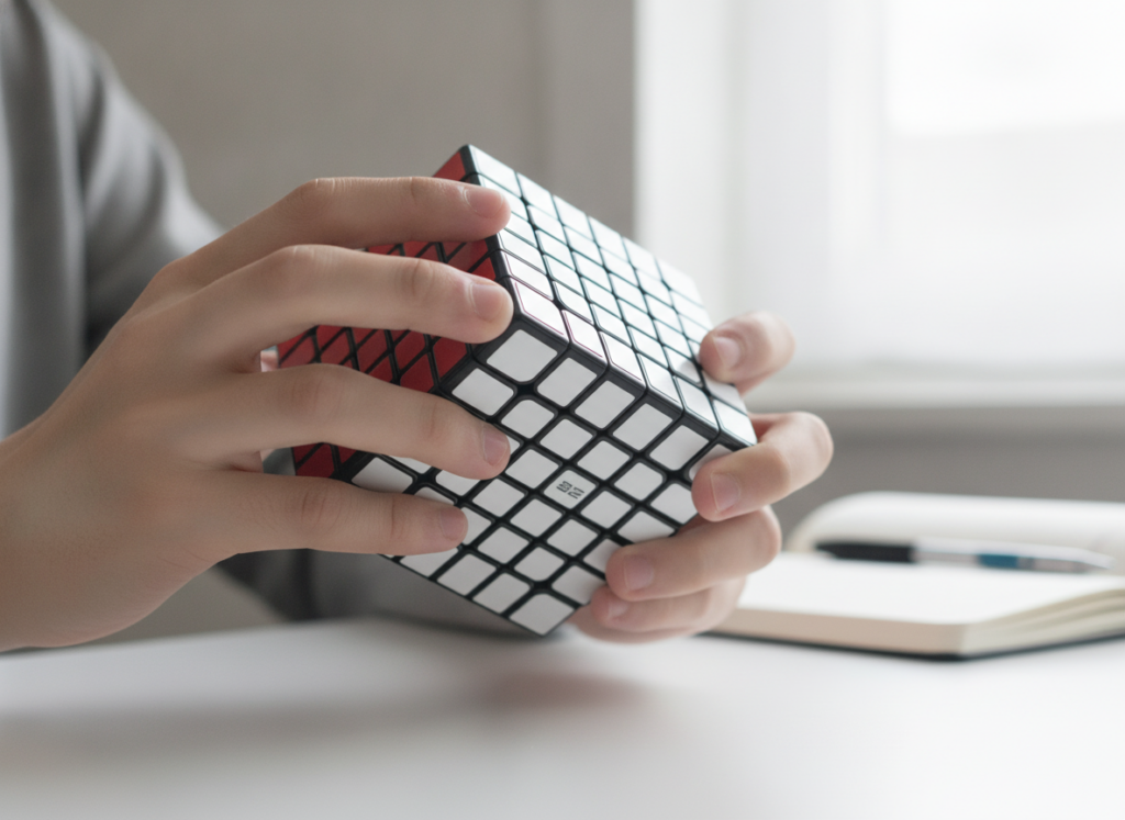 Speedcuber układający kostkę logiczną QiYi 6x6x6 — dłonie w akcji