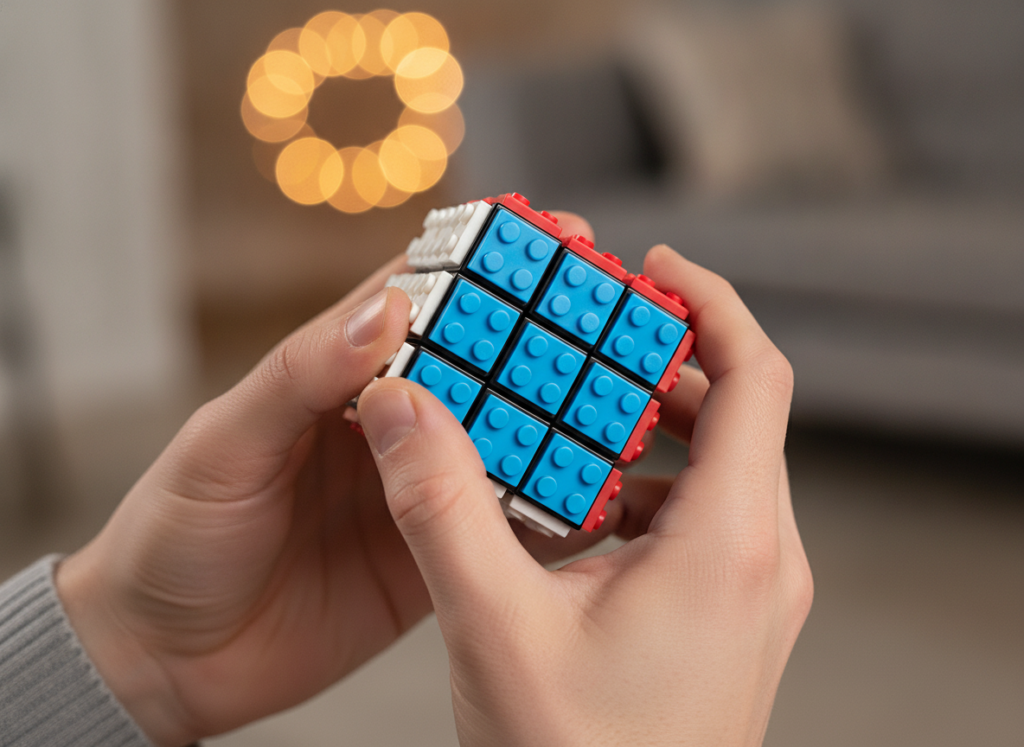 Dłonie trzymające ułożoną kostkę logiczną 3x3 FanXin stickerless